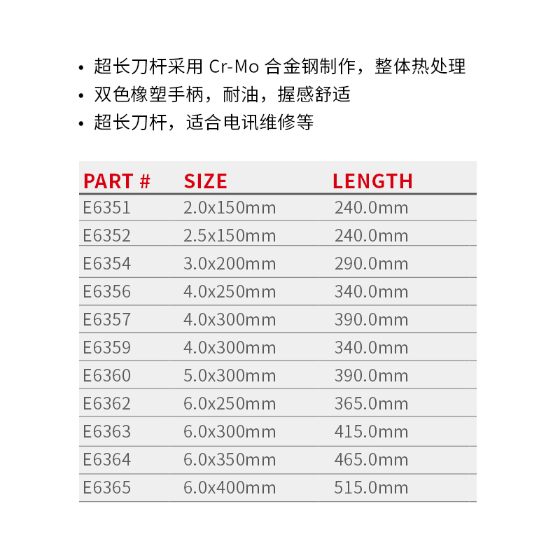 力易得 E6354 一字雙色橡塑電訊螺絲批 3.0x200mm